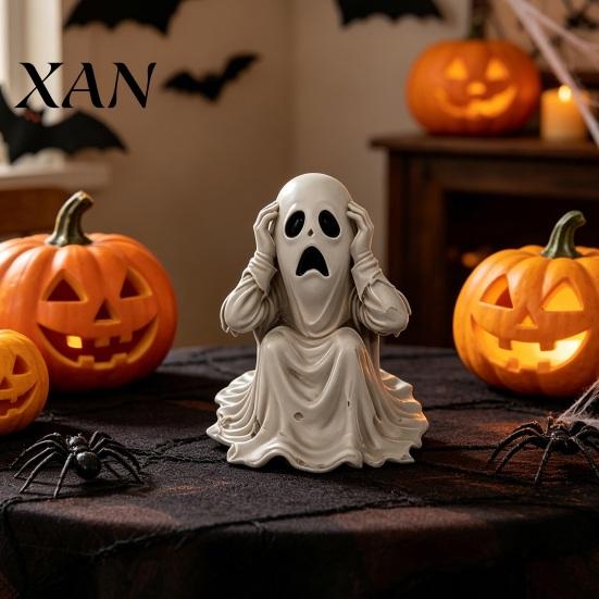 Desktop Halloween Decor Ghost Figurine, Scary Face Statue, Resin Spooky Wrinkled Robe Statue White Decoration for Indoor Home, Office, Desk Ornament