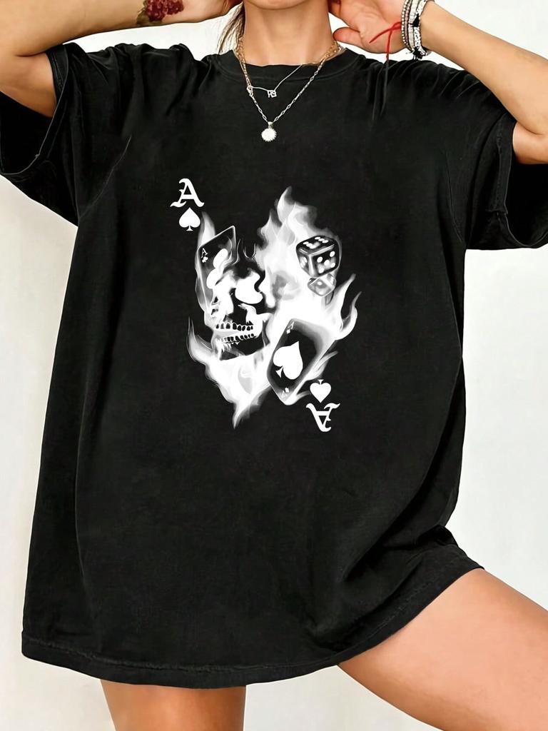Black Oversized T Shirt With Ace Of Spades Skull And Flames Print For Casual Streetwear Style