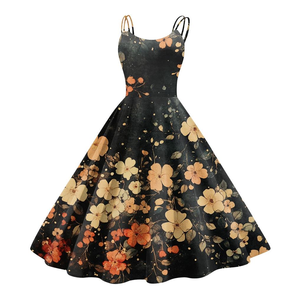 Women's Casual Fashion Flower Print Sexy Off Shoulder Punk Retro Dress Retro Dress Dress