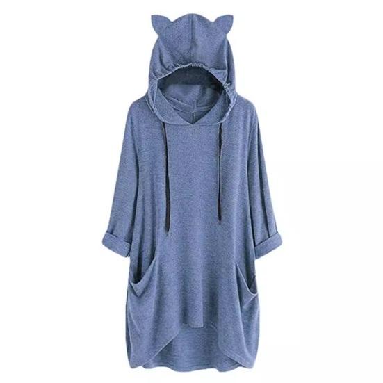 Женское длинное худи-пуловер с неровным подолом, рукавами 3/4, толстовки с капюшоном с кошачьими ушками, туники с карманами