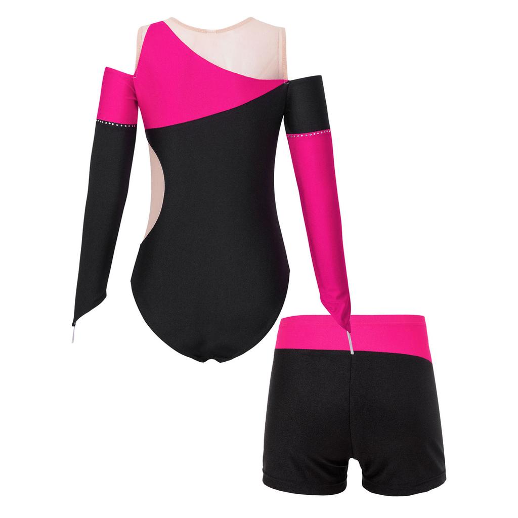 Kids Girls Dancing Bodysuit Long Sleeve Off-shoulder Patchwork Style Leotard Unitard Ballet Jumpsuit with Shorts