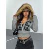 Womens Oversized Hooded Cropped Sweatshirt With Fuzzy Brown Trim Streetwear Pullover Top