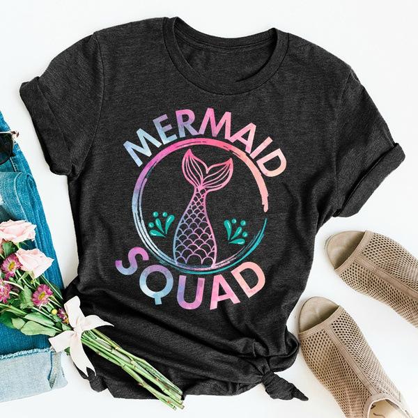 Цветная футболка с принтом «Отряд русалок», женская, с коротким рукавом, с круглым вырезом, свободная футболка, летняя женская футболка, топы, Camisetas Mujer