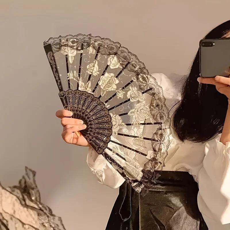 Кружевной веер с розами Женский летний складной веер для танцев Специальный Древний Складной Ручной Реквизит для фото Праздничный Подарок на День рождения