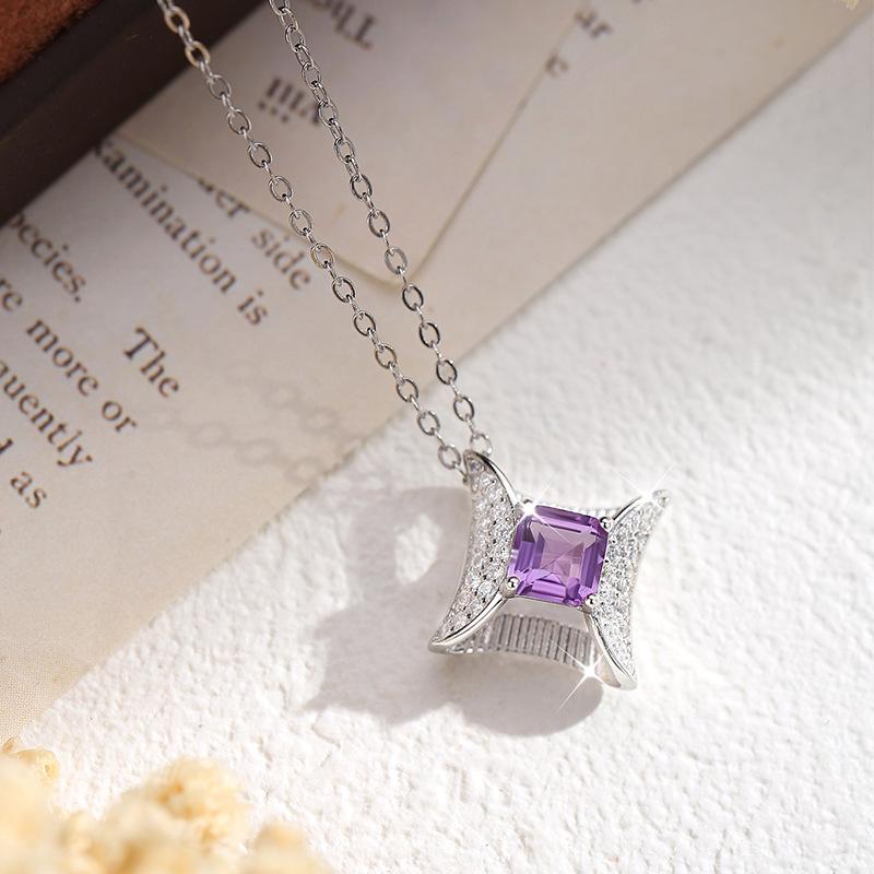 S925 pure silver natural yellow garnet necklace, square star shaped crystal pendant, luxurious jewelry with brushed craftsmanship, gift