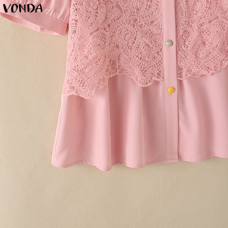 VONDA Женские повседневные блузки-топы с коротким рукавом, кружевом спереди, вязаные крючком, с оборками