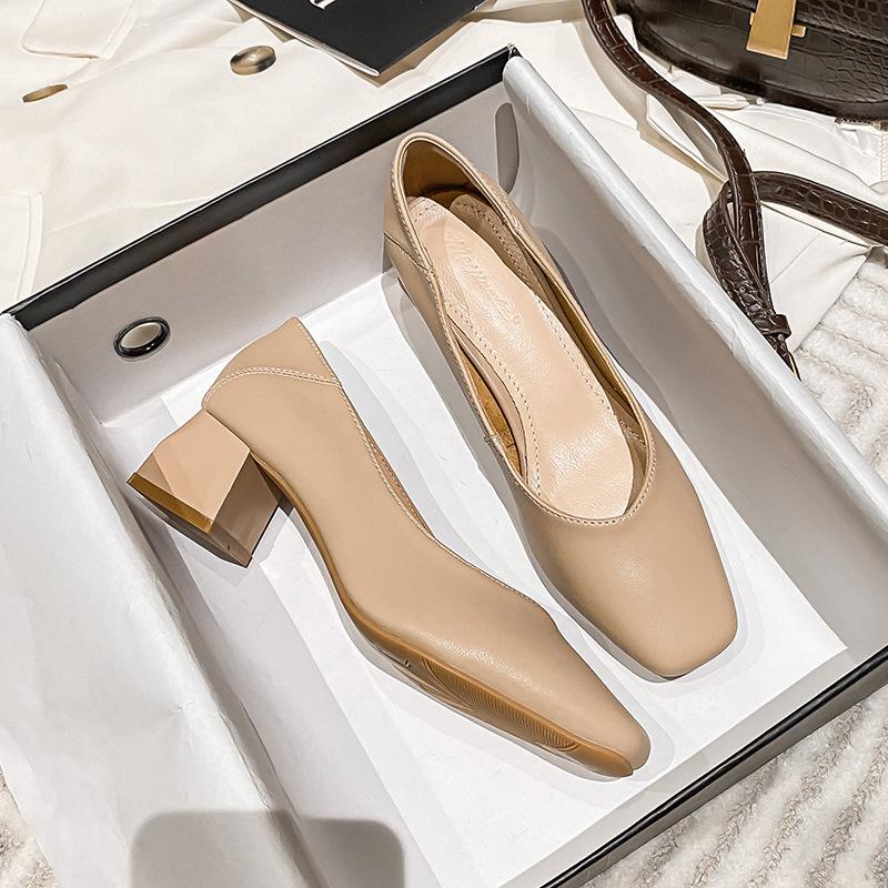 Весна 2024 года, новые женские туфли на толстом каблуке с квадратной головкой и неглубоким носком, средний каблук, одинарные туфли