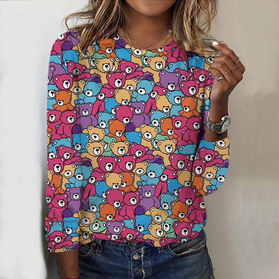 Tops For Women Cute Panda Print Round Neck Long Sleeve T-shirt Fall Casual Slim Pullover Women's Long Sleeve Top