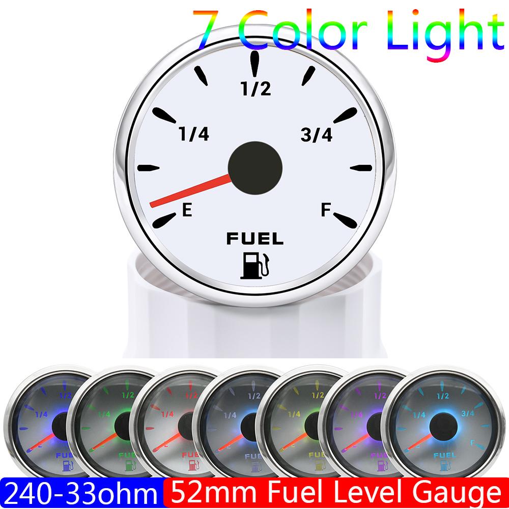 7 Color Backlight 52MM Fuel Level Gauge 0-190 Ohm Water Tank Gauge Meter Indicator 240-33 Ohm Oil Level Meter Auto Car Gauge
