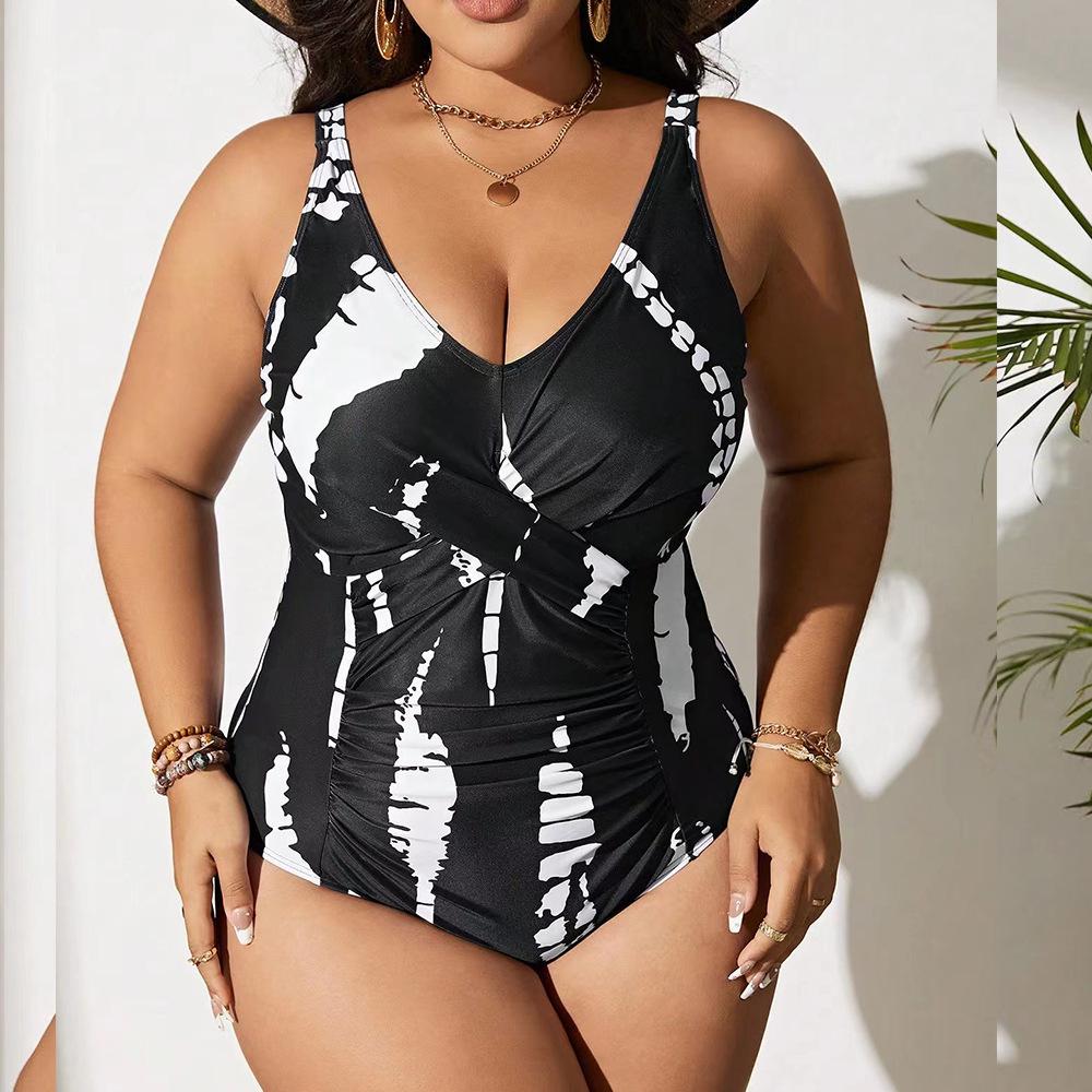 European & American Plus Size One-Piece Swimsuit: Conservative Cover-Up, Slimming Bikini Swimwear with Print Design for Women