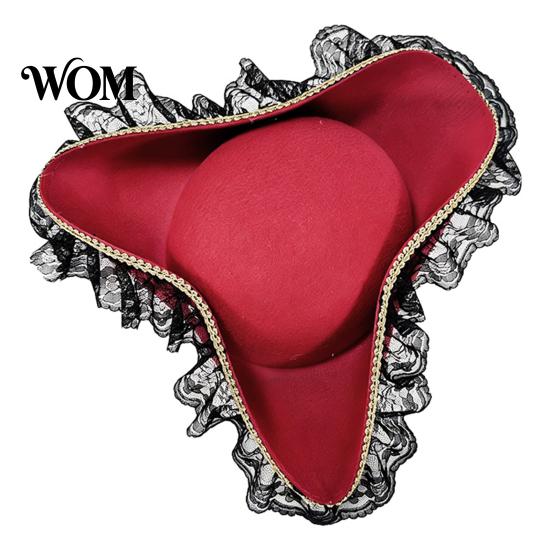 Captain Costume Accessory Halloween Pirate Hat, Accessory, with Burgundy Lace Retro Hat And Feathered Decor, Lightweight Vintage Style Buccaneer Cap