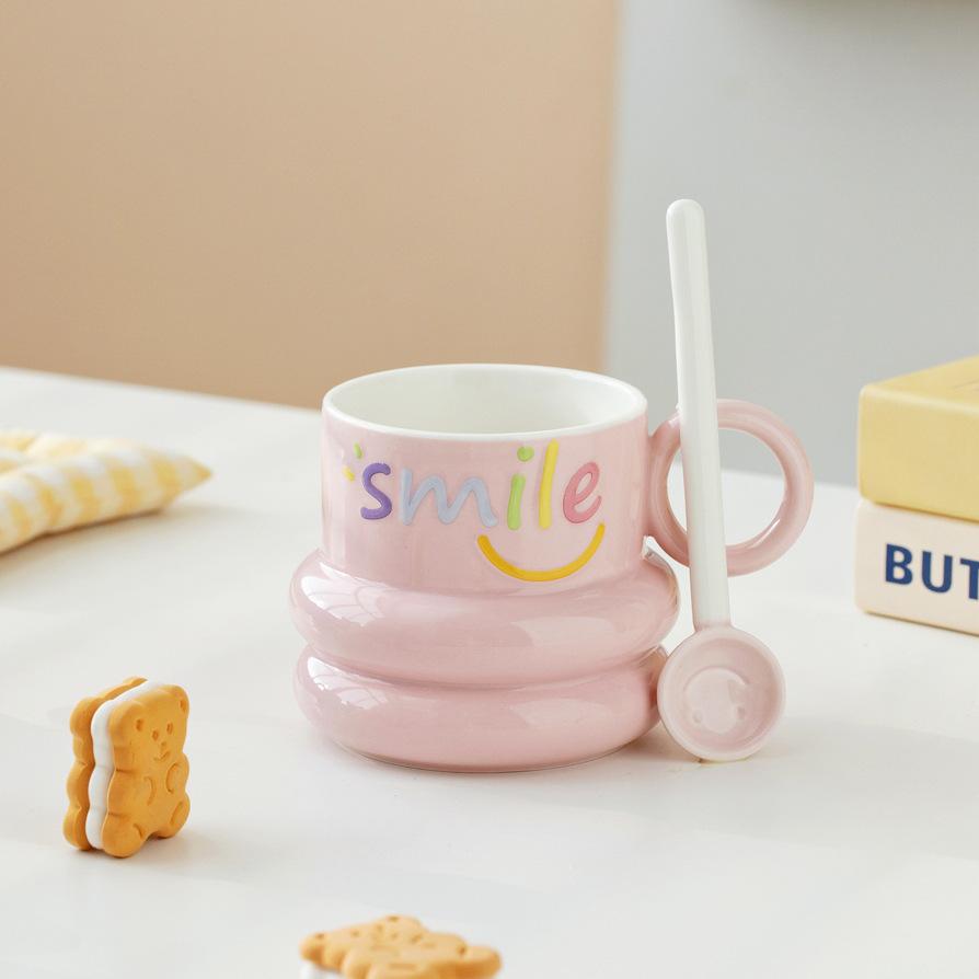 Smiling Mug with Smiling Face Spoon High looking Girl Water Cup Ceramic Milk Cup Student Breakfast Cup Coffee Cup