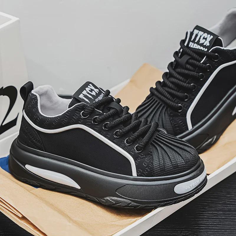 Мужские черные кожаные кроссовки Shell Toe - толстая подошва, модная осенняя спортивная обувь