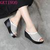 Fashion GKTINOO Genuine Leather Summer Women Slippers Open Toe Flip Flops Sandals Women Wedges Slippers Black White Slides Sandals
