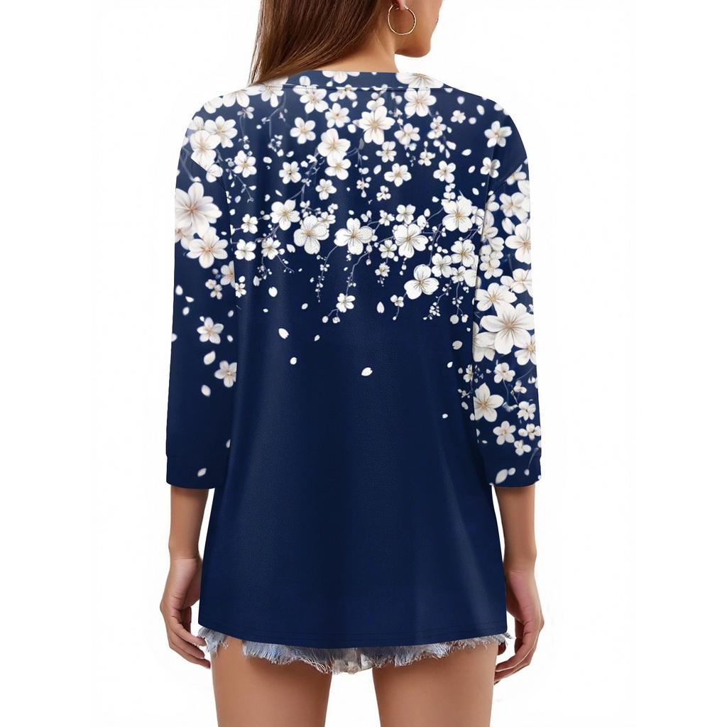 Жен. Футболка С принтом Пуговицы Рукав 3/4 Повседневные Выходные Мода Классический Классический V-образный вырез Обычный Верх