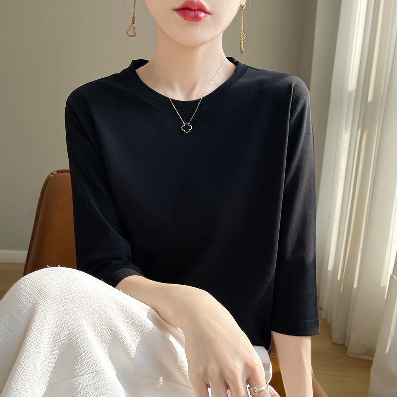 Весна-лето женская футболка с круглым вырезом из шелковистого хлопка с коротким рукавом, женственная хлопковая рубашка с укороченным рукавом