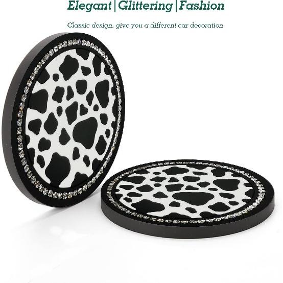 2PCS Bling Cow Print Car Accessories for Women, Universal Auto Cute Anti Slip Cup Holder ert Coaster