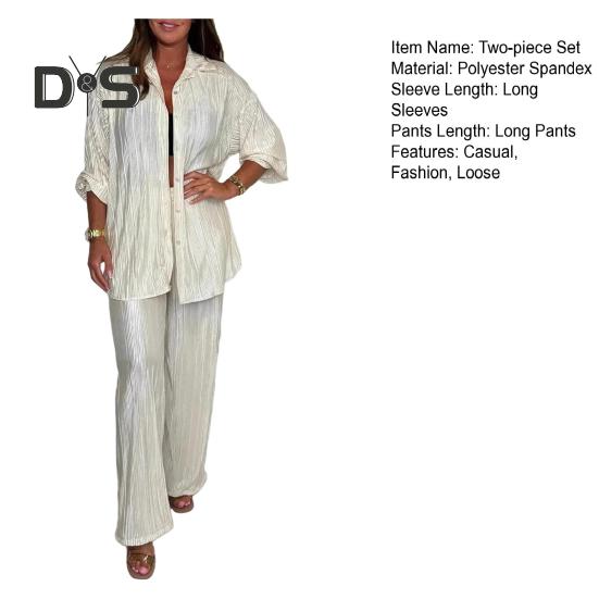 Повседневный комплект из 2 предметов для женщин, рубашка с длинным рукавом и застежкой на пуговицы, широкие брюки, летний плиссированный домашний костюм