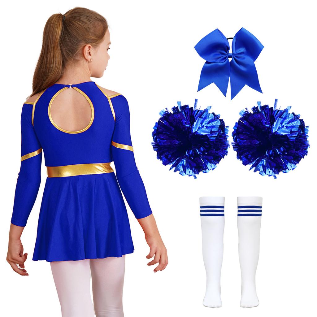 Kids Girls Cheer Leader Costume Halloween Cosplay Party Outfits Uniform Long Sleeve Dress with Pom Poms Hair Tie Socks