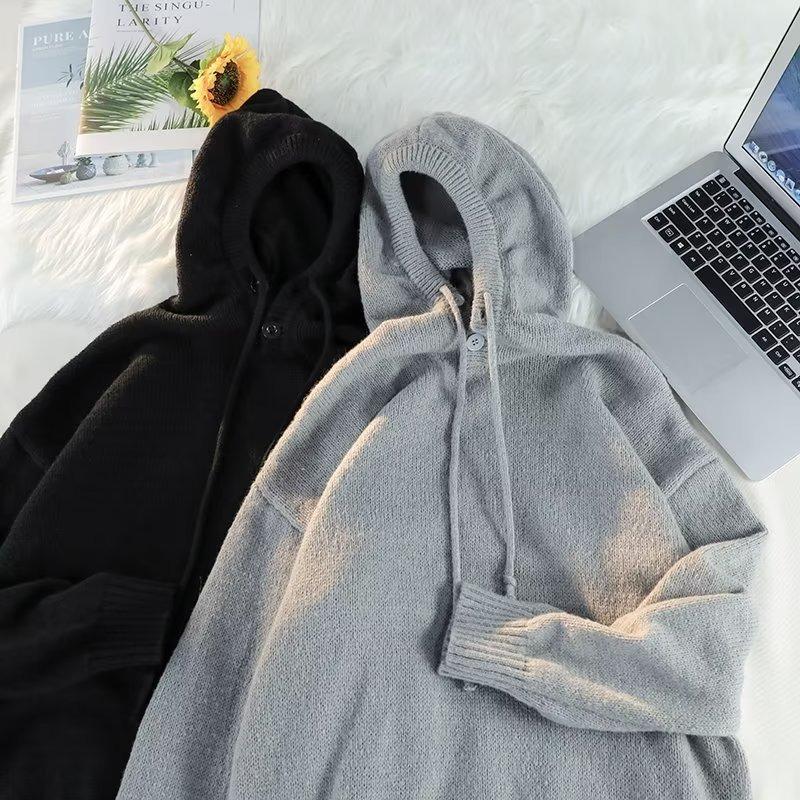 Mens Retro Lazy Style Hooded Knitted Sweater Casual Autumn Outerwear
