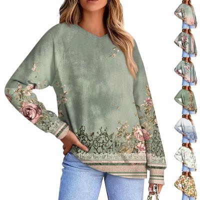 Женская повседневная свободная толстовка с цветочным принтом в полоску и градиентом, с круглым вырезом и длинными рукавами