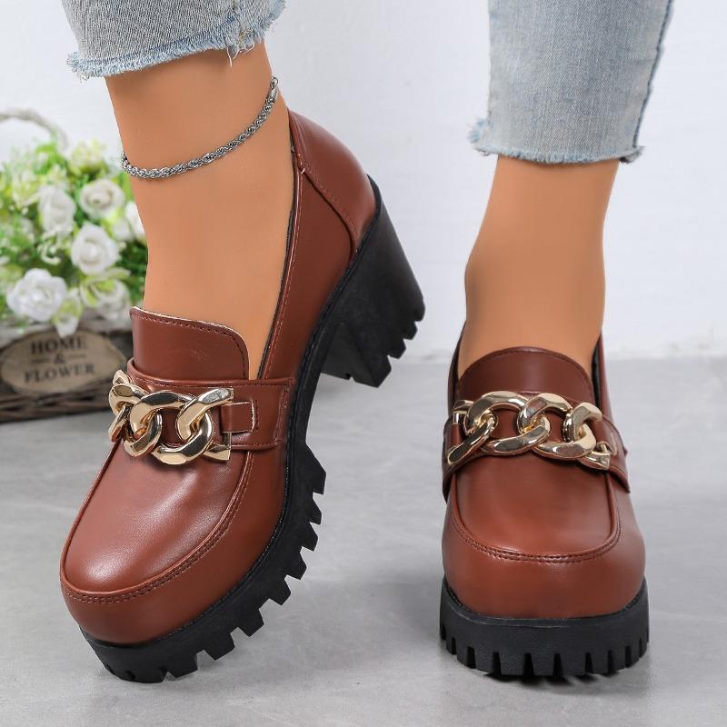 Metal Chain Square Heel Single Shoes Autumn New Round Toe Deep Mouth Platform Non-Slip High Heels