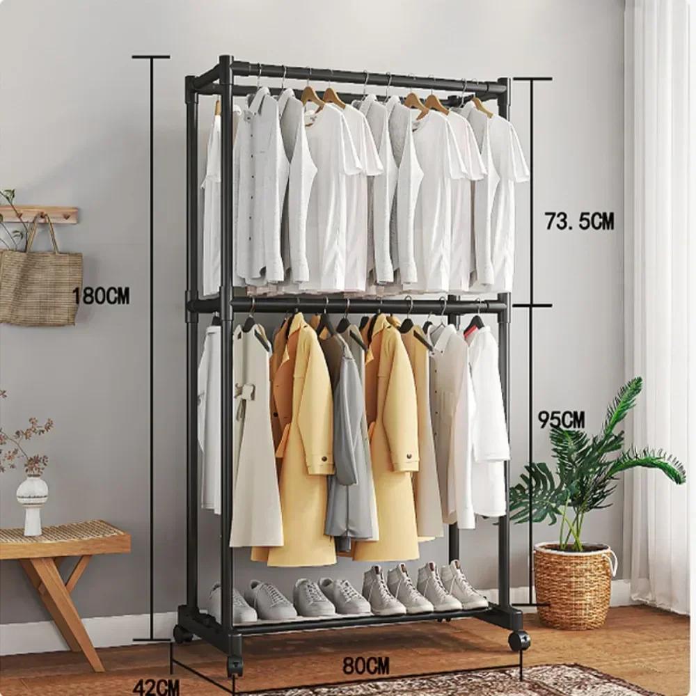 Double-pole Coat Rack Floor Standing for Movable Clothes Rack Modern Minimalist Clothes Rack Bedroom Light Luxury Storage Shelf