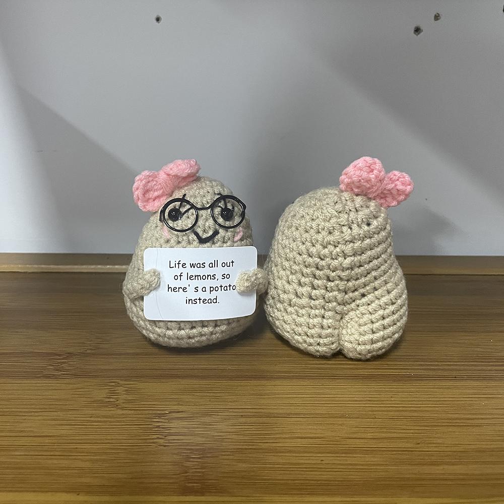 Positive Crochet Bowknot Potato Doll with Affirmation Card Home Room Decor Funny Handmade Big Butt Potato Doll Christmas Gifts