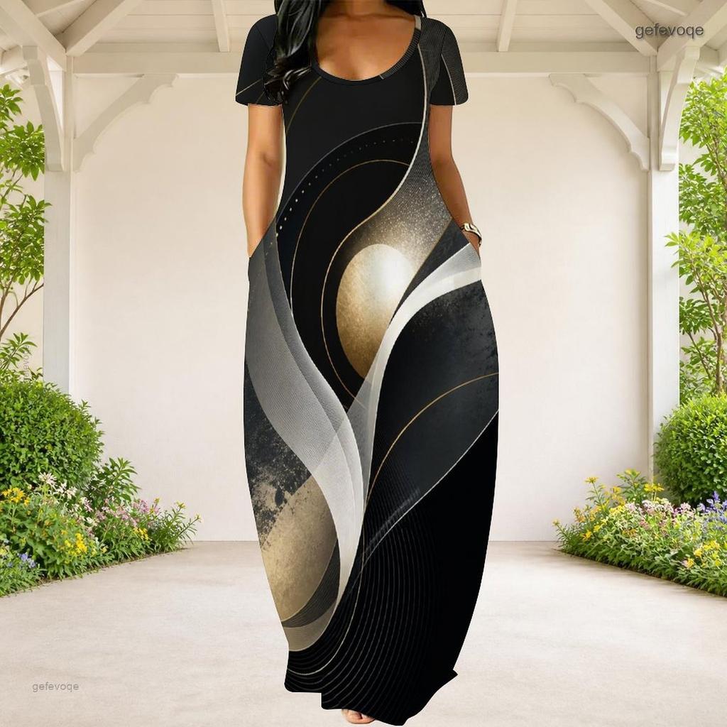 Women Plus Size Round Neck Short Sleeve Abstract Printed Black Maxi Dress With Side Pockets