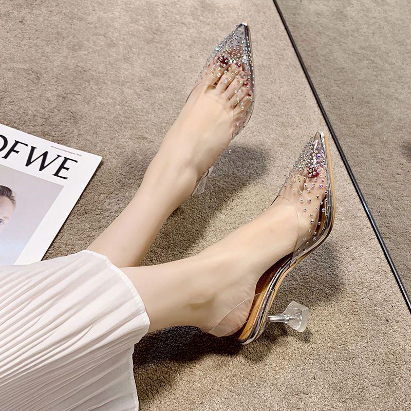 Fairy Wind Crystal and Rhinestone Pointed Transparent Sandals Female 2025 Summer New Celebrity Banquet High-heeled Bag Head Single Shoes