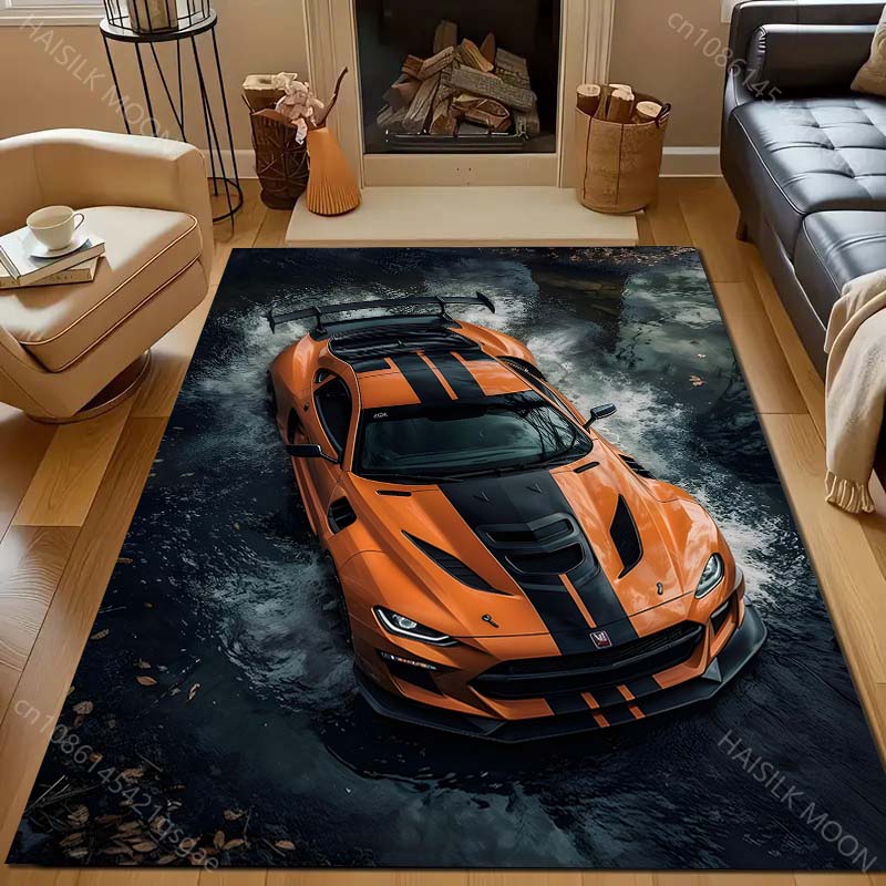 Ковер с принтом гоночной машины оранжевого цвета для спальни, гостиной, прикроватный, под диван, напольный коврик, современный домашний декор, ковер, большой размер