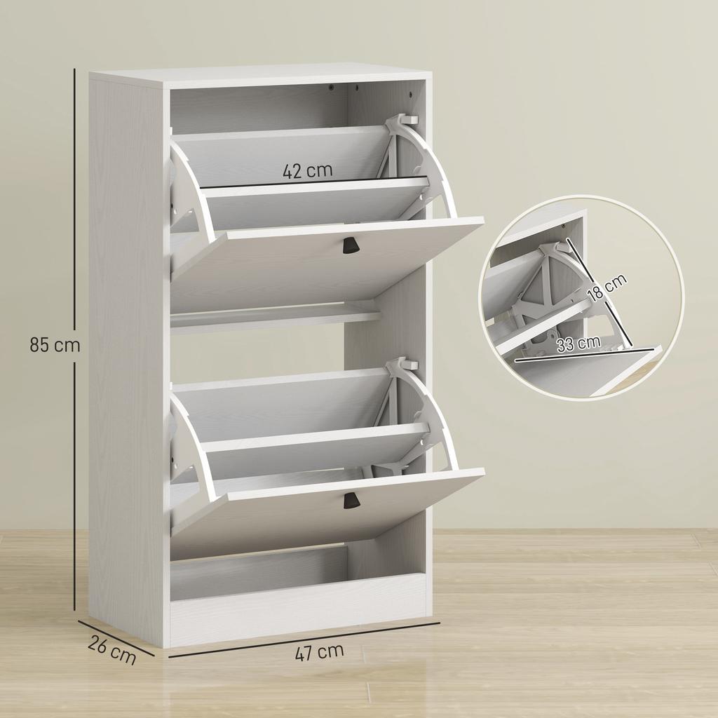 Shoe Cabinet, 2 Fold-Down Drawers, Adjustable Shelves, 47x26x85cm, White Wood Grain