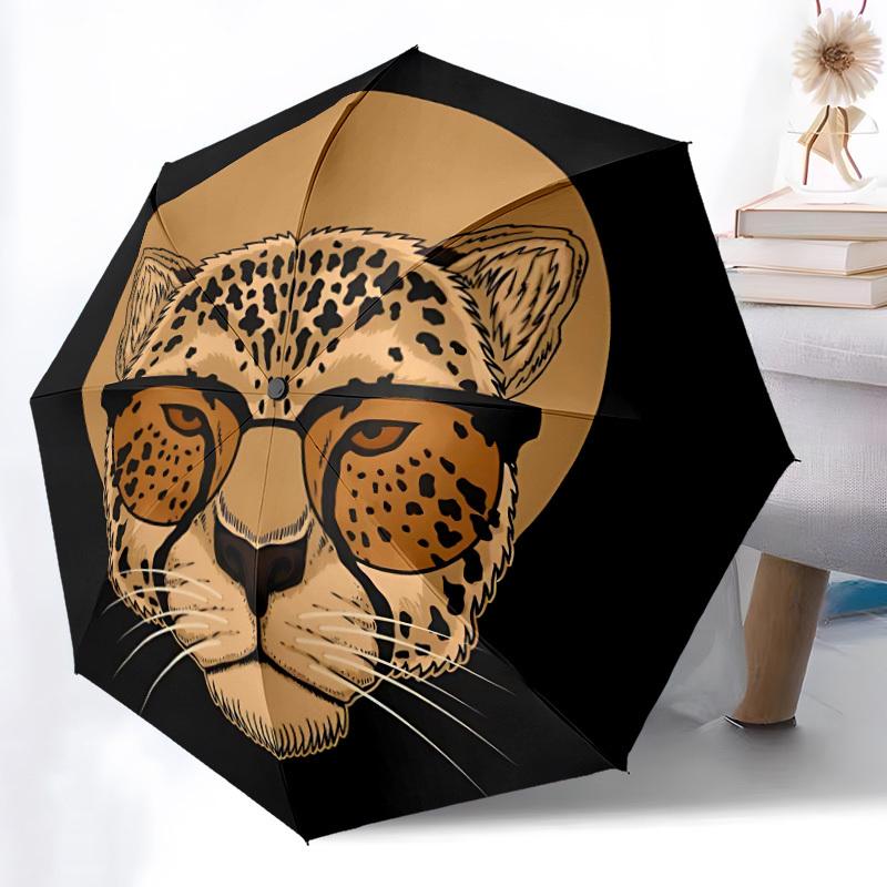 1pc Leopard Glasses Automatic Umbrella | Portable Foldable 8-Rib Manual Open, Cute Birthday & Holiday Gift for Outdoor yy260107076