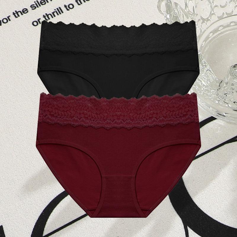 FINETOO 2Pcs Women Cotton Seamless Underwear Sexy Lace Waist Patchwork Panties Female Solid Briefs Plus Size Breathable Lingerie