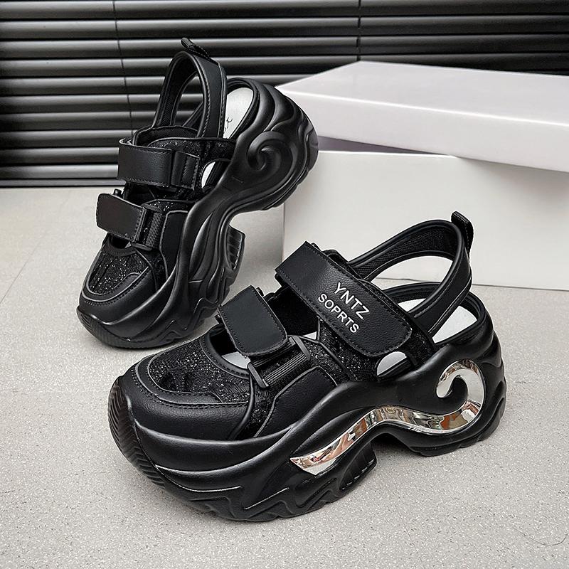 Модные 8-сантиметровые дышащие полые кожаные женские сандалии, вулканизированные сетчатые туфли-гладиаторы на массивной платформе, на высоком каблуке, повседневные летние кроссовки