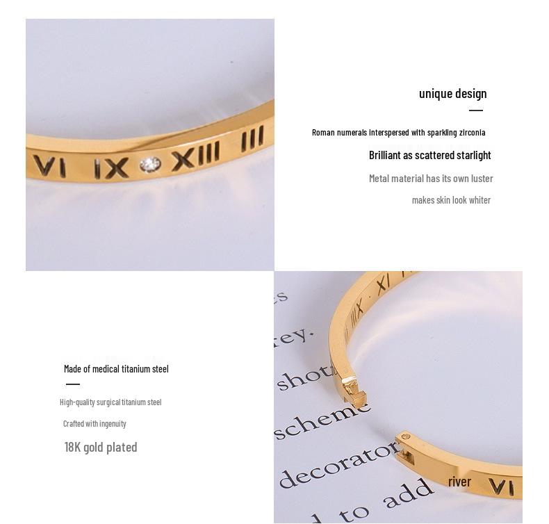 Позолоченный браслет-бэнгл с римскими цифрами и бриллиантами из титановой стали для пар – Женские украшения Z043