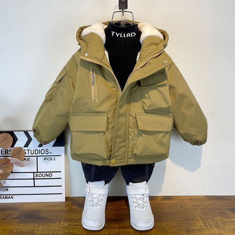 Kids Boys Plush Warm Jacket Hooded Casual Autumn and Winter Thick Cotton Jacket Children's Baby Clothing Style Cotton Jacket