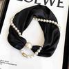 Magnetic Narrow Elegant Satins Neck Scarf Wrap With Pearls Chain Necklace And Buckle For Women Vintage Floral Silk Neckerchief