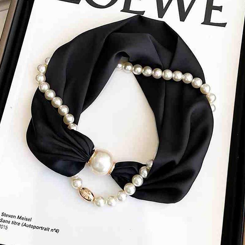 Magnetic Narrow Elegant Satins Neck Scarf Wrap With Pearls Chain Necklace And Buckle For Women Vintage Floral Silk Neckerchief