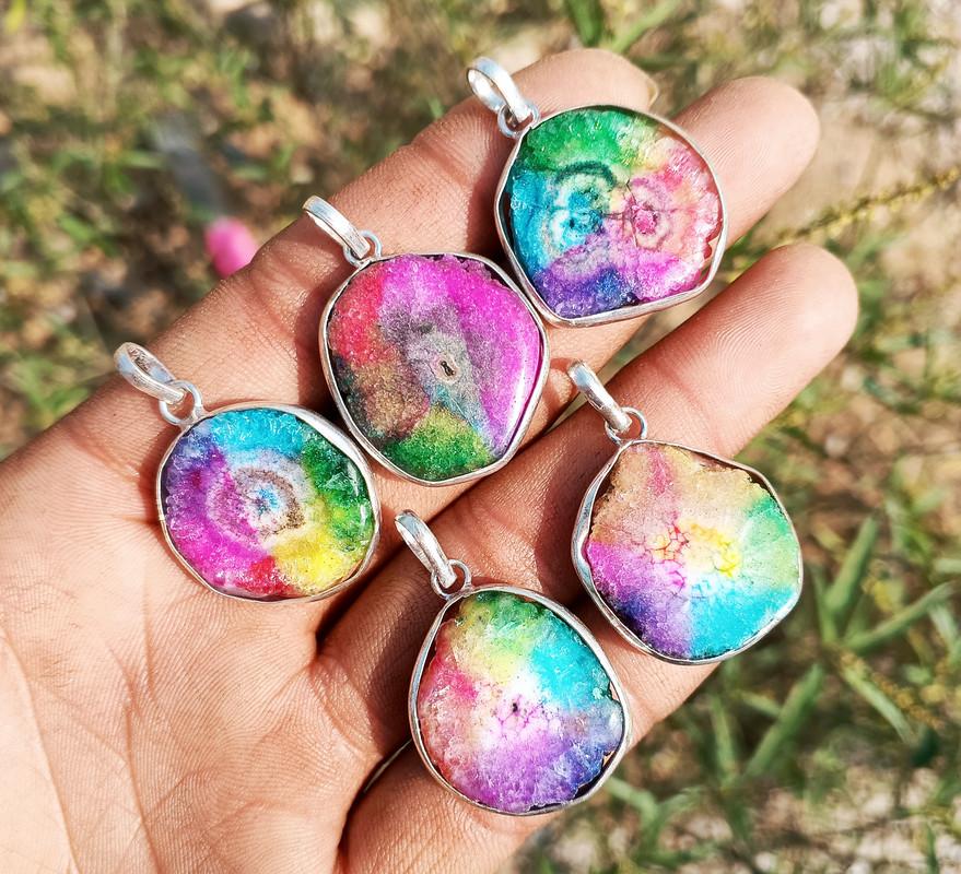 Rainbow Solar Quartz Gemstone 925 Sterling Silver Plated 5 Pcs Bezel Pendant BEZ-21