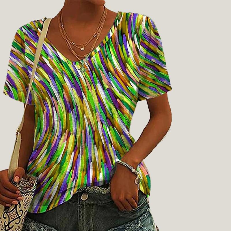 Women's V-neck Short Sleeved Blue Striped Printed Top Loose T-shirt Casual Shirt