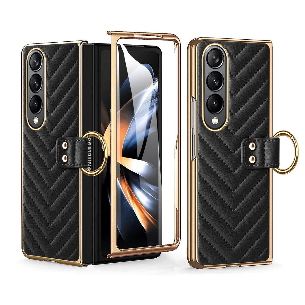 Чехол-книжка из ПУ кожи для Samsung Z Fold7/6/5 с подставкой-кольцом в виде ромбовидной решетки с гальваническим покрытием