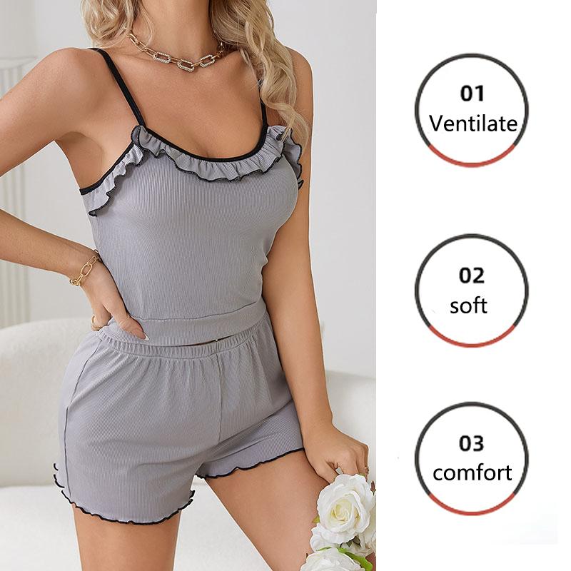 Two-Piece Set School Pajamas Women Loungewearsexy Lace Halter Shorts Casual Comfortable Grey Girl Homewear Solid Sleepwear