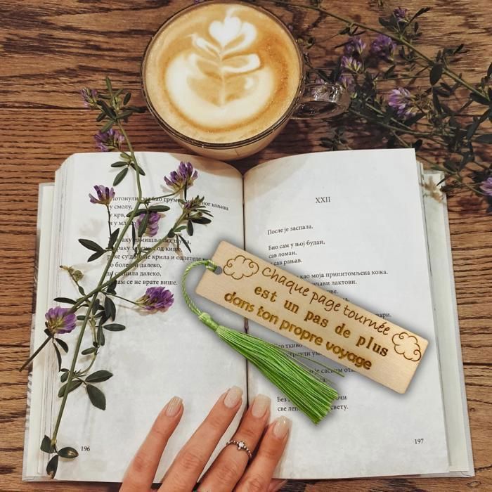 Marque-pages en Bois - Lot de 2 - Gravure Inspirante - Pompons Colorés