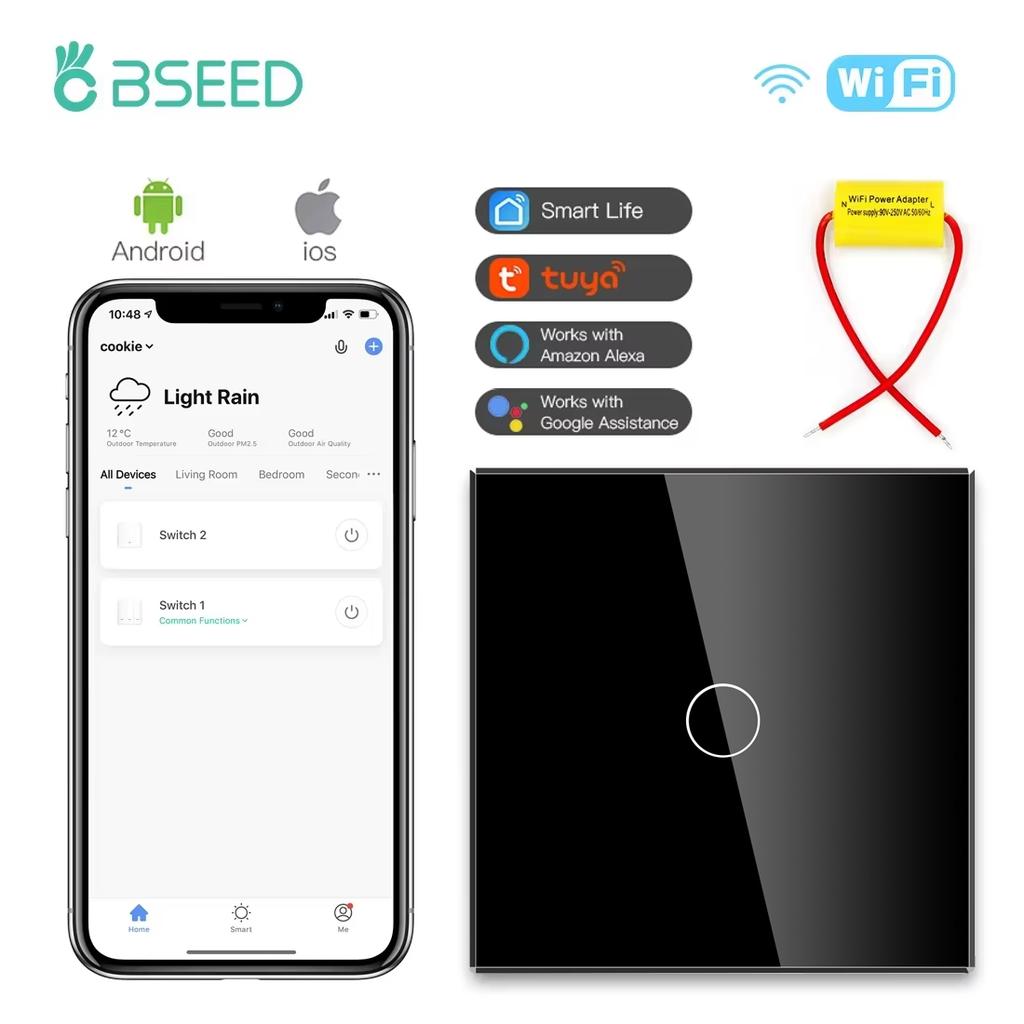 BSEED 1/2/3-клавишные Wifi сенсорные выключатели света Tuya Smart Life Приложение Alexa С розетками EU, портами питания USB, конденсатором в комплекте, черный