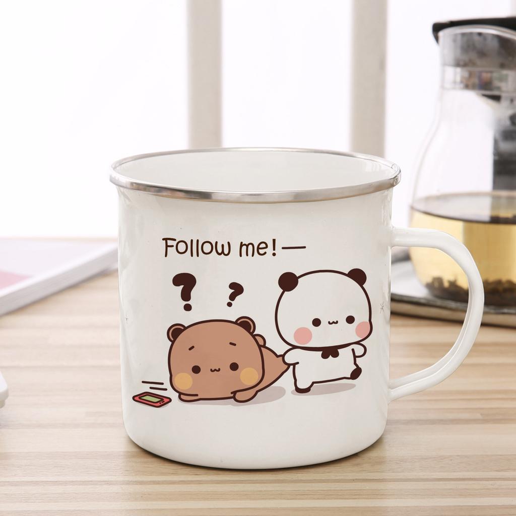 Эмалевая чашка с изображением мультяшного медведя с молоком и рисунком, чашка для кофе, чая, милого животного, завтрака, десерта, 11 унций, чашка для молока и воды, подарок для пары