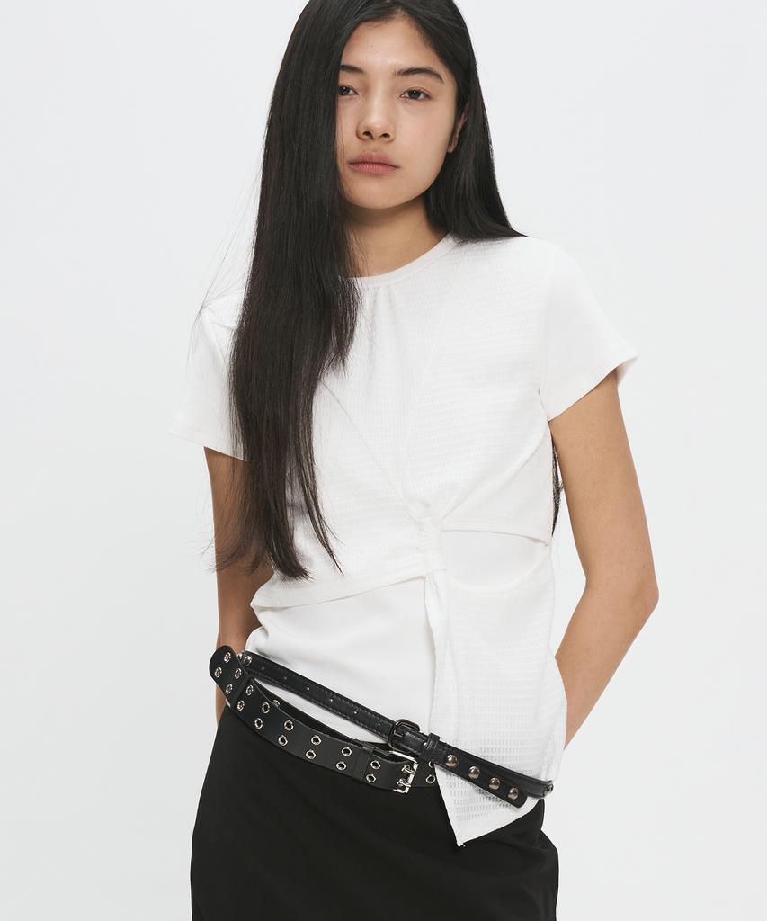 PLACE STUDIO Waffle Contrast Shirred Draping Twist Semi-Crop Women'S Short Sleeve T-Shirt [White]