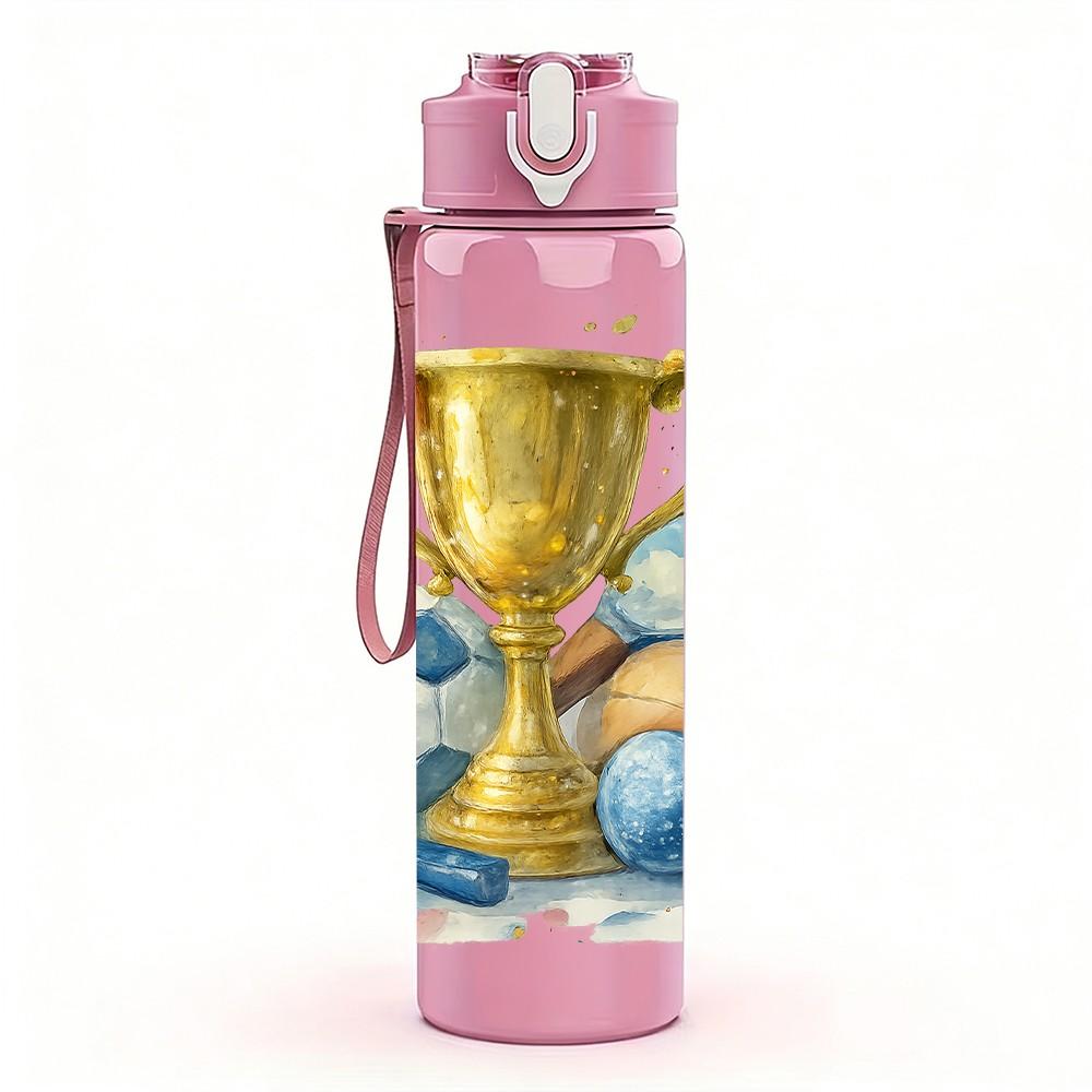1PC Champion Trophy Soccer Print 750ml Color Plastic Sports Water Bottle Leakproof Flip Straw Lid Suitable for Sports Office Home Use