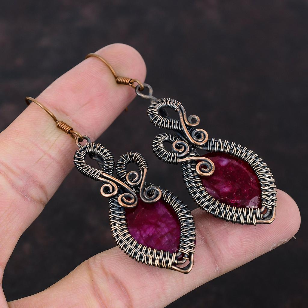Граненые серьги с кашмирским рубином, медная проволока, серьги ручной работы, медные ювелирные изделия, подарок для женщин, серьги из натурального драгоценного камня, новые ювелирные изделия