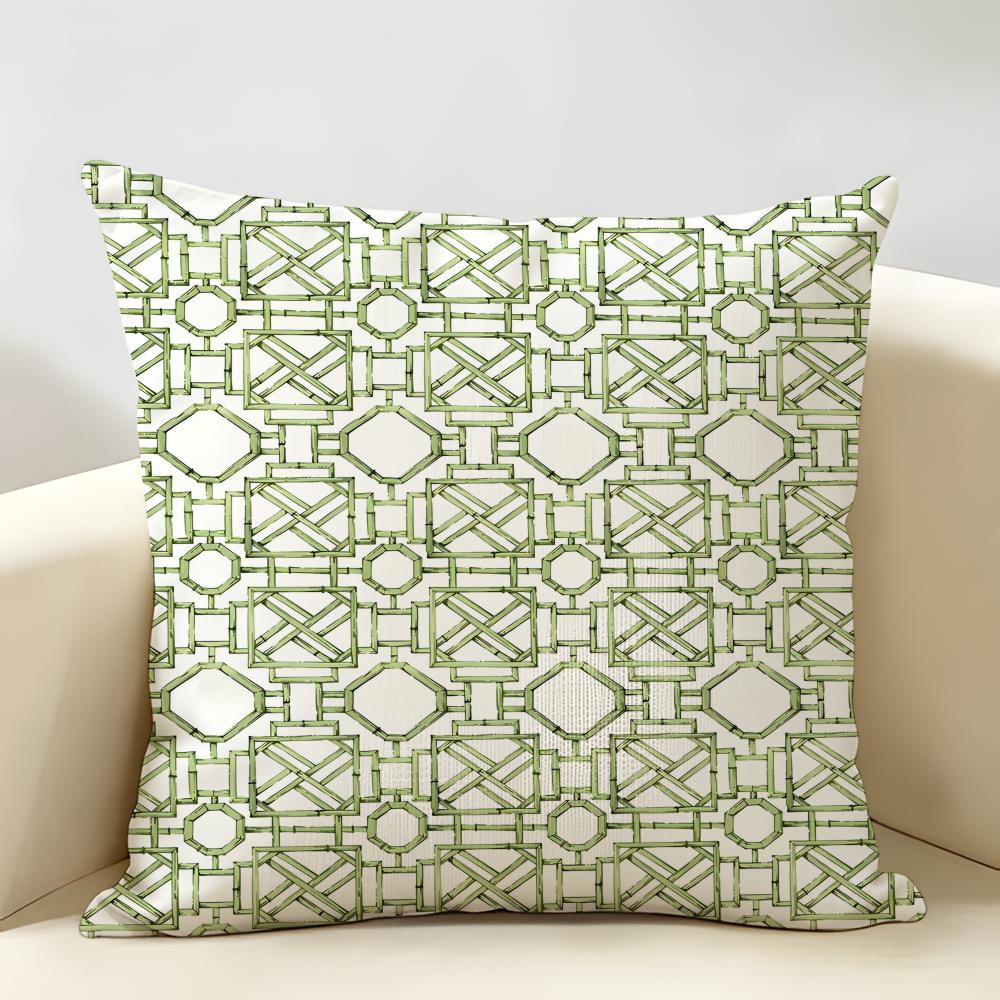 Nordic Abstract Green Geometric Flowers Cushion Cover Natural Linen Organic Fabric Printing Breathable Perfect For Home Decor